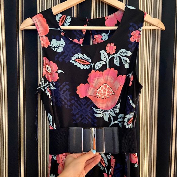 Navy/Pink Floral Open-Back Dress - Picture 1 of 7